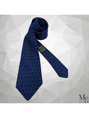 HERMES PARIS 7090 OA Navy Blue Green Chain Link Print Silk Tie France EUC
